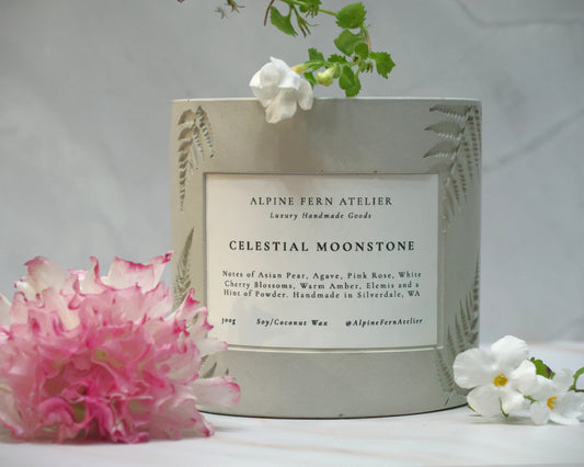 Celestial Moonstone - Handmade Vessel and Hand Poured Wax, 290g | Alpine Fern Atelier