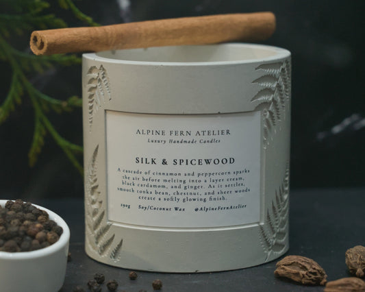 Silk & Spicewood- Handmade Vessel and Hand Poured Wax, 290g | Alpine Fern Atelier
