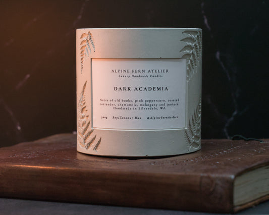 Dark Academia Candle - Handmade Vessel and Hand Poured Wax, 290g | Alpine Fern Atelier